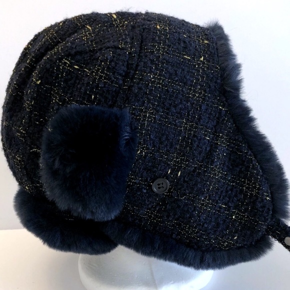 (NWT) INC International Concepts Navy Woven Shine Faux Fur Trapper OSFM - Picture 4 of 10